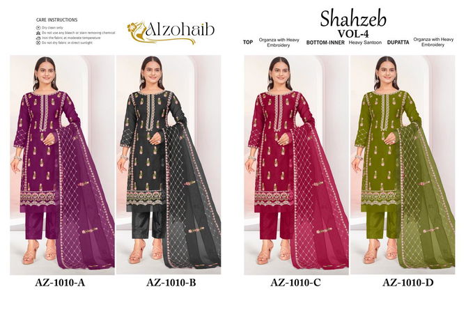 Shahzeb Vol 4 A to D By Alzohaib Organza Embroidery Pakistani Suits Wholesale Online
